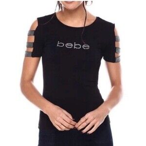 Bebe Logo Cutout Jersey Tee Blouse Black Beaded Rhinestones T-Shirt Y2K Size 1X